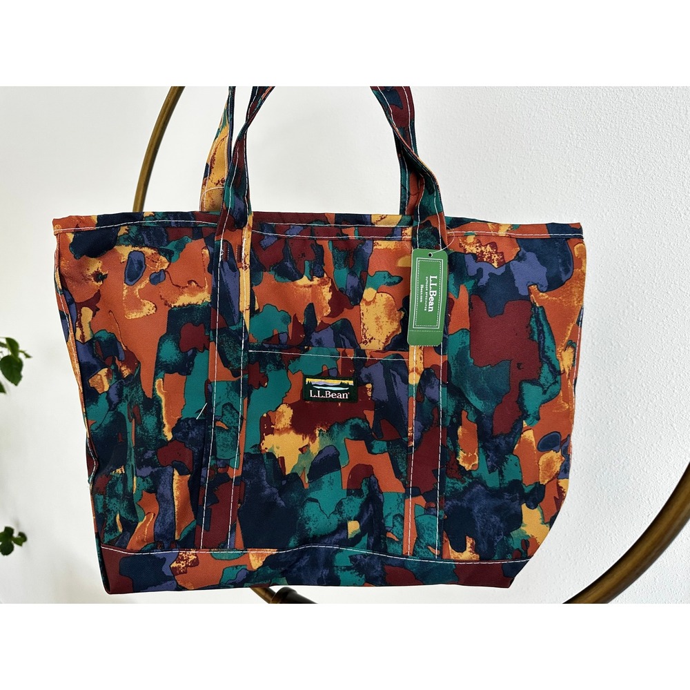 LL Bean Hunters Tote Bag Zip Top Abstract Camo Print Multi Color Large Canvas